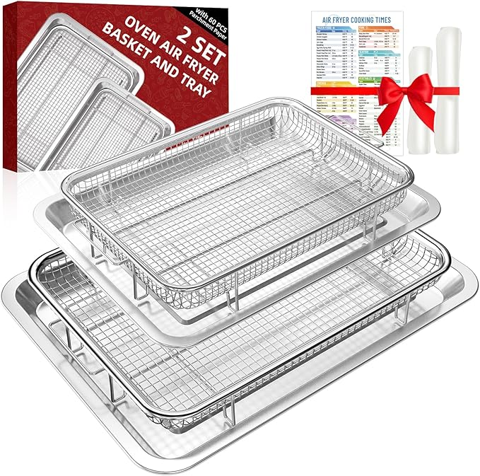 Air Fryer Basket for Oven, 2 Set Oven Air Fryer Basket and Tray with Cooking Guide&60 PCS Parchment Papers,DEGOVIN Crisper Tray Non-stick Stainless Steel Air Fry Pans for Convection Oven(Large+Medium)