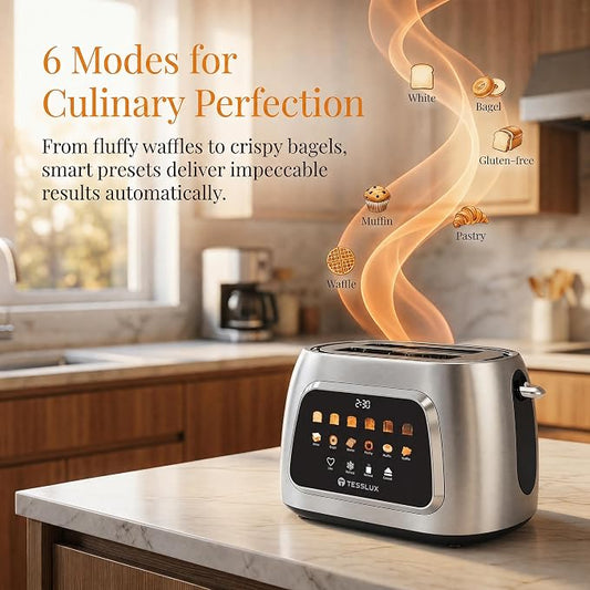 Tesslux 2 Slice Toaster with Touch Screen Control, 1.5" Wide Long Slots, 6 Browning Levels & 6 Bread Types, Digital Timer, Memory, Defrost, Reheat (Silver, 2 Slice)