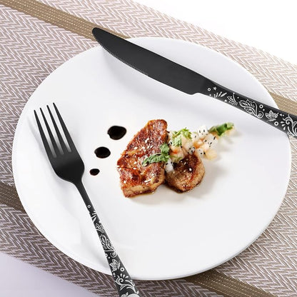 40 Piece Skull Pattern Matte Silverware Set for 8, Black Flatware set Service for 8,Gothic Unique Skull Pattern Design,18/0 Stainless,Satin Finish Cutlery for 8,Dishwasher Safe