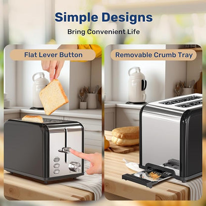 Simple Deluxe Stainless Steel 2-Slice Toaster, 6 Browning Setting and 3 Function Toaster, Extra Wide Slot, for Bread & Waffle, Black