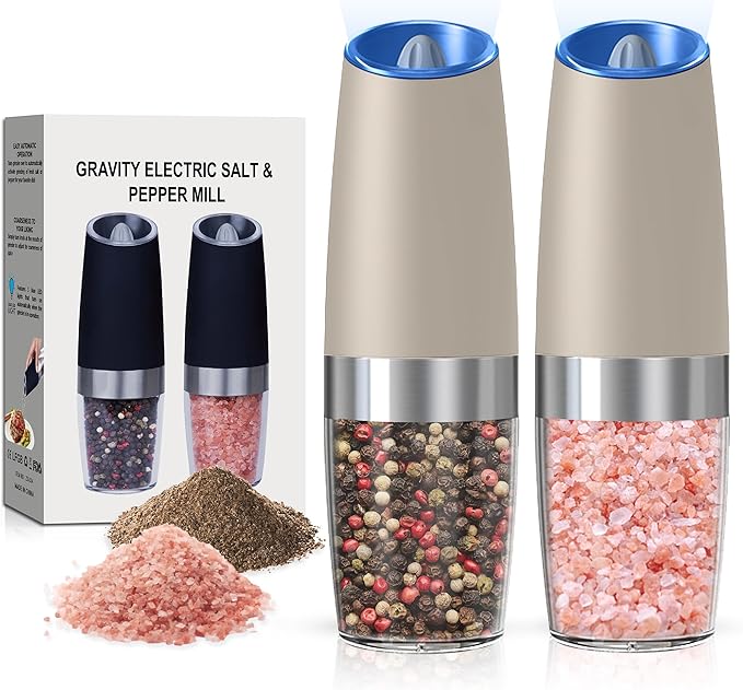 Battery Operated Salt And Pepper Grinder Set with LED Light, Automatic Electric Gravity Salt And Pepper Shakers Set, Each 6 AAA Batteries Needed, Adjustable Roughness, 2 Pack (Khaki)