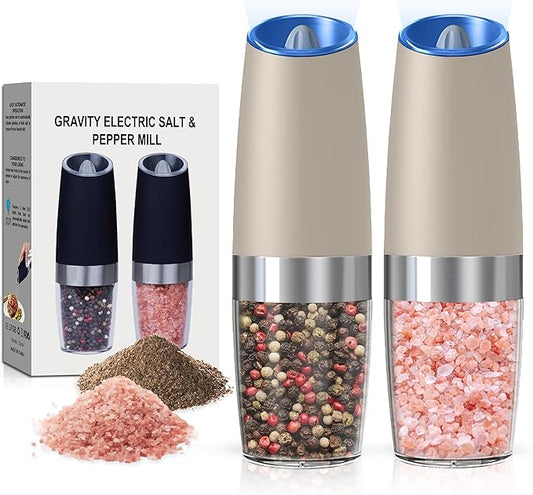 Battery Operated Salt And Pepper Grinder Set with LED Light, Automatic Electric Gravity Salt And Pepper Shakers Set, Each 6 AAA Batteries Needed, Adjustable Roughness, 2 Pack (Khaki)