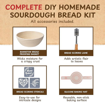 Complete Sourdough Bread Starter Kit, Glass Sourdough Starter Jar Kit & Tons of Sourdough Baking Supplies - Sourdough Starter Kit Includes Sourdough Jar, Banneton Bread Proofing Basket & More