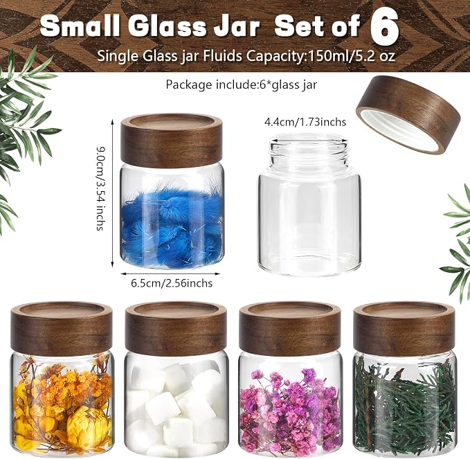 5oz Glass Spice Mason Jars with Screw Wood Lid 6 pcs Airtight Small Glass Jars Seasoning Herb Containers Food Storage Canister for Sugar Coffee Bean Ground Candy Salt Overnight Oat (5oz/150ml*6)