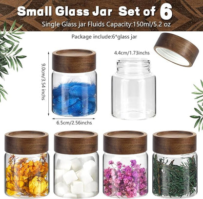5oz Glass Spice Mason Jars with Screw Wood Lid 6 pcs Airtight Small Glass Jars Seasoning Herb Containers Food Storage Canister for Sugar Coffee Bean Ground Candy Salt Overnight Oat (5oz/150ml*6)