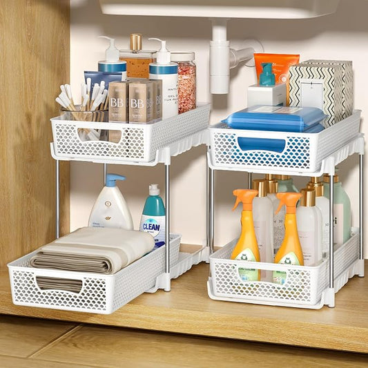DABIGE 2 Pack Pull Out Bathroom Organizers and Storage, 2 Tier Stackable Under Sink Storage Organizer for Bathroom, Kitchen Cabinet, Pantry, and Medicine Holder, Organization and Storage - White
