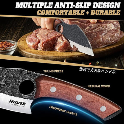 Huusk Butcher Knife Set of 3- Japanese Knife Set for Meat Cutting, Hand Forged Viking Knives Sets with Meat Cleaver, Heavy-Duty Kitchen Knives Sets for Bone BBQ Vegetable, Fathers' Day Gift for Dad