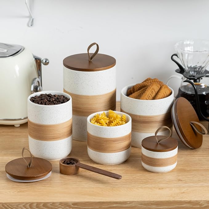 Miamolo Ceramic Jar with Lid, Coffee Container Kitchen Food Storage Jars for Spice Sugar Tea Bag, Stackable Decorative Jars for Countertop, White & 18 fl.oz