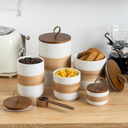 Miamolo Ceramic Jar with Lid, Coffee Container Kitchen Food Storage Jars for Spice Sugar Tea Bag, Stackable Decorative Jars for Countertop, White & 18 fl.oz