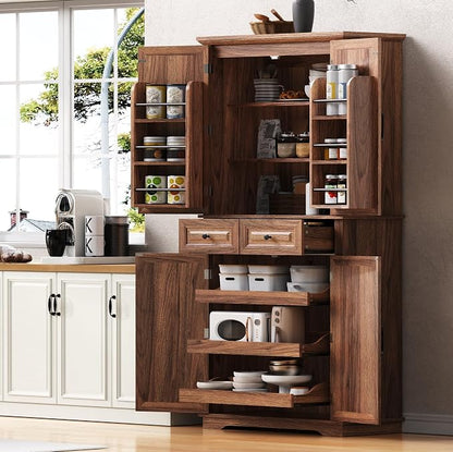 VilroCaz Wooden 71" H Kitchen Pantry Cabinet with 3 Pull Out Cabinet Organizers, Freestanding Cupboard Storage Cabinet with 4 Doors and 2 Drawers, Farmhouse Embossed Texture Design (Brown-5.K)