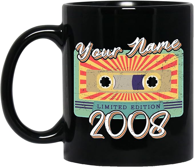Personalized Vintage Cassette Tape Vintage 2008 Mug, Custom Your Name, 2008 Retro Coffee Mug, 14th Birthday Present Gifts, 2008 Birthday Gift For Friends Family, Customizable Black Tea Cups