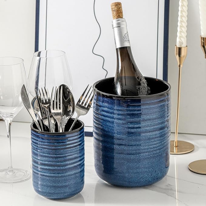 HASENSE Ceramic Utensil Holder Set of 2 (7.4"+5.5"), Modern Farmhouse Kitchen Utensil Crocks for Countertop, Blue Kitchen Tool Organizer for Spatulas, Whisks, Tongs & Cooking Tools