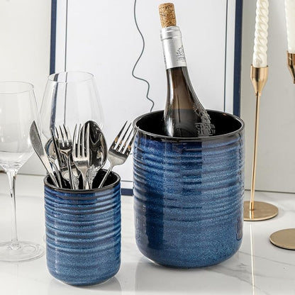 HASENSE Ceramic Utensil Holder Set of 2 (7.4"+5.5"), Modern Farmhouse Kitchen Utensil Crocks for Countertop, Blue Kitchen Tool Organizer for Spatulas, Whisks, Tongs & Cooking Tools