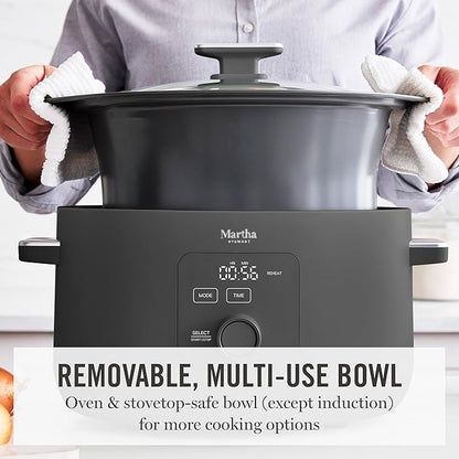 Martha Stewart 8 QT Slow Cooker, Programmable with Timer, 3 Heat Settings (Low, High, Warm), Nonstick Ceramic Removable Crock, Stovetop & Oven Safe, Glass Lid, Simmer, Reheat, Warm, Caviar