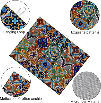 Talavera Mexican Tiles Dish Drying Mat For Kitchen Counter, Super Absorbent Microfiber Dish Drying Pad, Kitchen Gadgets For Easy Clean Multi-Use Large 18"x24"