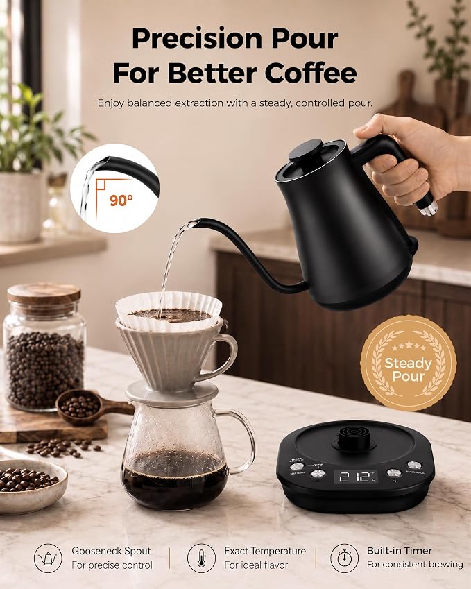 Gooseneck Electric Kettle with ±1℉ Temperature Control, 304 Stainless Steel Interior, BPA Free, 1200 Watt Rapid, Brew Timer, Automatic Shut Off for Pour Over Coffee, Brew Tea, Boil Hot Water