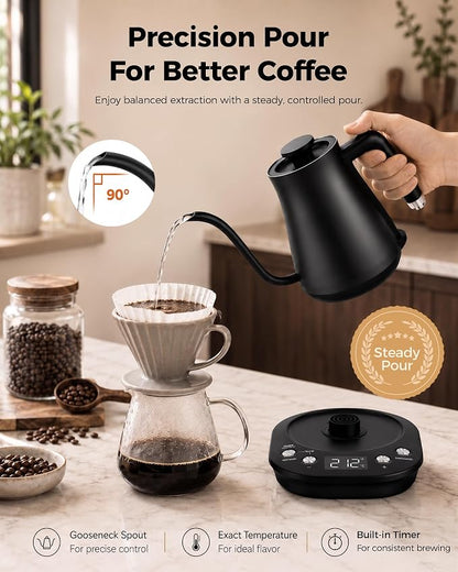 Gooseneck Electric Kettle with ±1℉ Temperature Control, 304 Stainless Steel Interior, BPA Free, 1200 Watt Rapid, Brew Timer, Automatic Shut Off for Pour Over Coffee, Brew Tea, Boil Hot Water