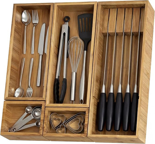 KOCWELL Bamboo Silverware Drawer Organizer with Knife Block, 5 Removable Drawer Organizer Bins - Multi-Use for Kitchen Utensils, Office, Makeup, Tools Storage