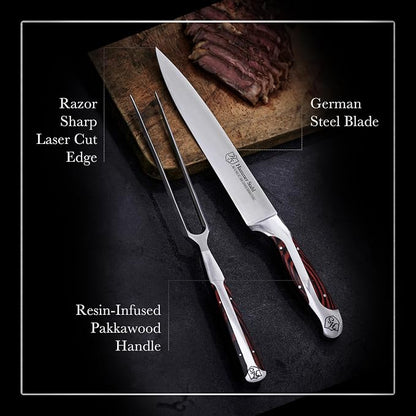 German Forged High Carbon Stainless Steel Carving Knife and Fork Set | Professional Meat Carving Set with Ergonomic Pakkawood Handle