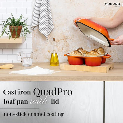 QuadPro Enamelled Cast Iron Bread Loaf Pot – Dutch Oven for Sourdough Bread Baking – 500°F Oven Safe Non Stick Bread Pot – 4 Round Loaf Spaces (4.90-inch Diameter), Orange – by Nuovva