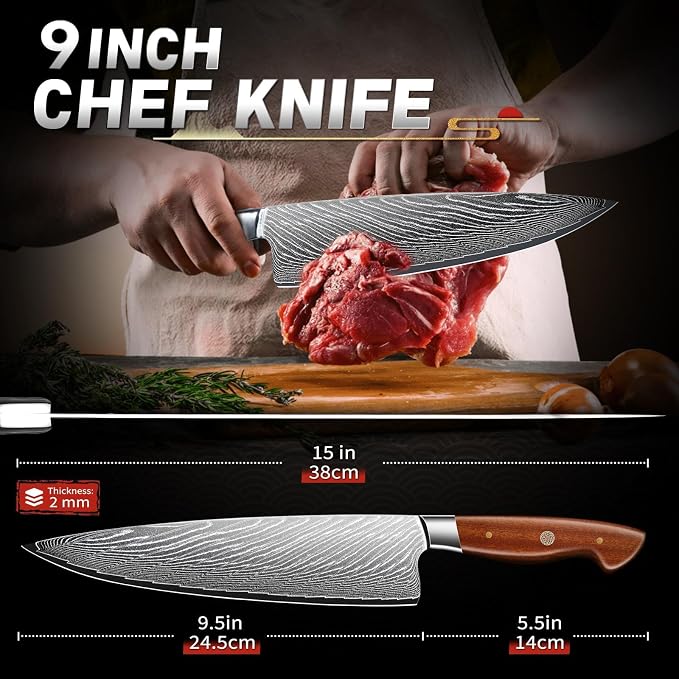 TIJERAS Damascus Chef Knife, Japanese Kitchen Knives 9 inch with Damascus 67-Layer Steel, Sharp Professional Cooking Knives with Wood Handle, Birthday Gifts for Men Women