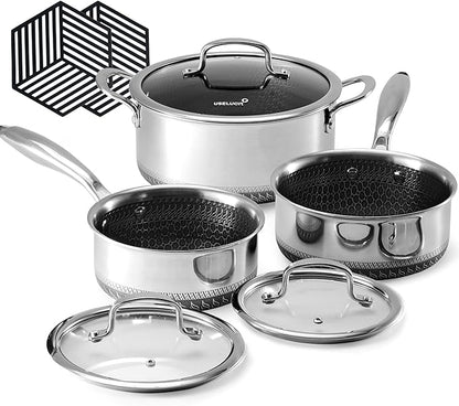 Hybrid Nonstick 6-Piece Pot Set with 2 Silicone Trivets, 1.5 QT Saucepan, 2 and 5.2 QT Stock Pot with Glass Lids, Stay-Cool Handles, Dishwasher-Friendly, Induction-Ready, Compatible All Cooktops