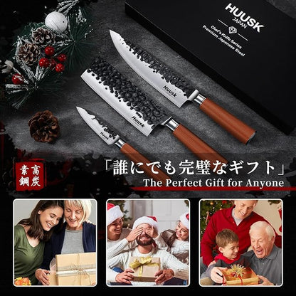 Huusk Japanese Kitchen Knife Set of 3, Professional Chef Knives Set for Kitchen, Sharp Cooking Knife Sets with Nakiri, Gyuto & Paring Knives, High Carbon Steel Sharp Cutting Knifes, Men Women Gifts