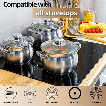 Daniks Classic 2 Quart Stainless Steel Stock Pot with Glass Lid, Tri-Ply Bottom for Even Heating, Induction Compatible, Dishwasher Safe