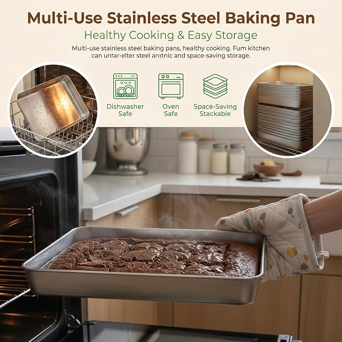 E-far Baking Pans Set of 2, 12.4” x 9.6” x 2” Stainless Steel Rectangular Cake Pans, Baking Sheet Pan for Lasagna Brownies Casseroles, Non-toxic & Healthy, Dishwasher Safe