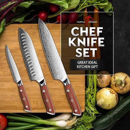 Purple Dragon Damascus Knife Set - 3 PCS Kitchen Knife Set - VG10 Steel Japanese Chef Knives 8 Inch Santoku 7 Inch Paring Knives 5 Inch- Gifts for Men and Women