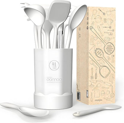 oannao Silicone Kitchen Utensils Set, 600°F Heat Resistant Silicone Cooking Utensils, Spatula, Spoon, Whisk, Tongs, Kitchen Gadgets for Nonstick Cookware, Dishwasher Safe BPA Free (Cream White)