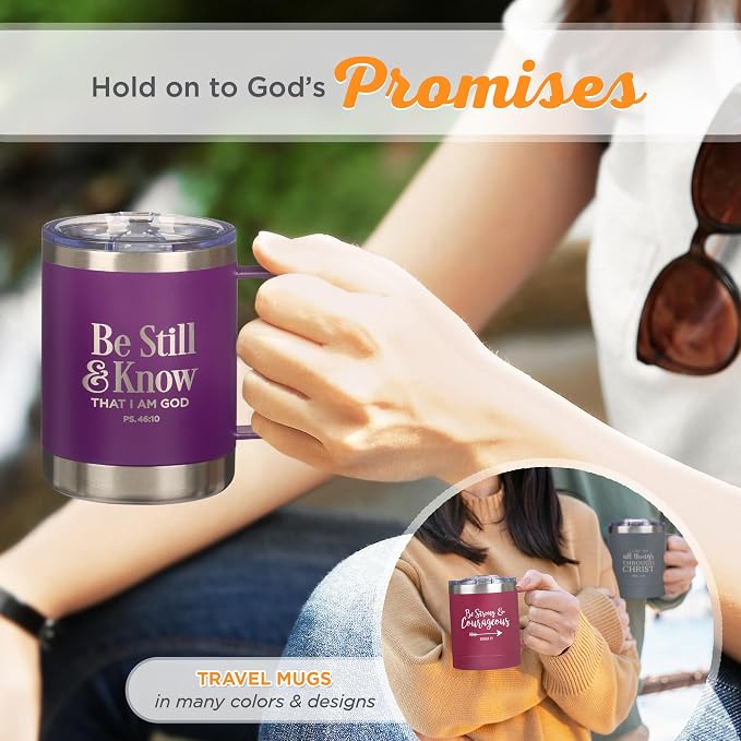 Christian Art Gifts Reusable Stainless Steel Double Wall Vacuum Insulated Camp Style Travel Mug w/Handle for Women: Be Still & Know Inspirational Bible Verse, BPA-free Retractable Lid, Purple, 11 oz.