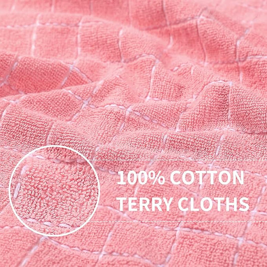 Homaxy 100% Cotton Terry Kitchen Towels(Pink, 13 x 28 inches), Checkered Designed, Soft and Super Absorbent Dish Towels, 4 Pack