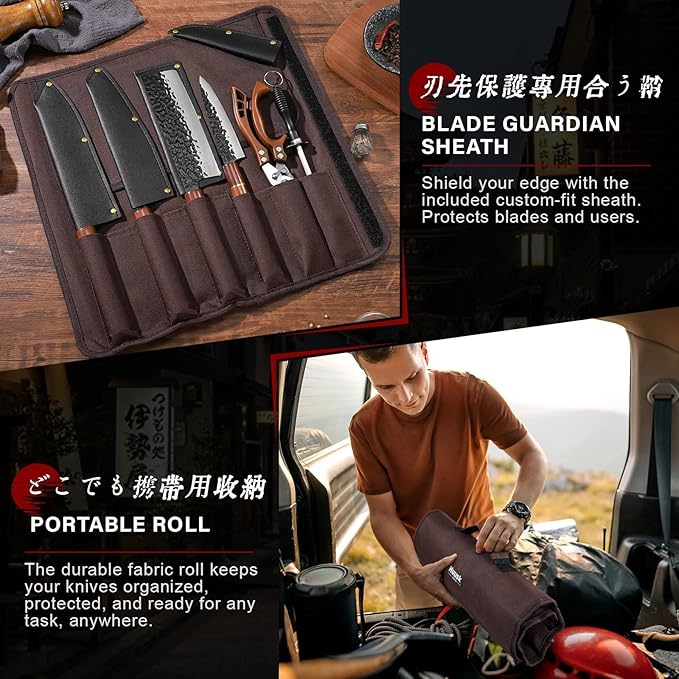 Huusk Japanese Knife Set 6pcs with Covers - Professional Chef Knife Set with Bag & Sharpener, High Carbon Steel Forged Knives Sets with Scissors, Japanese Kitchen Knives Sets, Fathers Day Gift