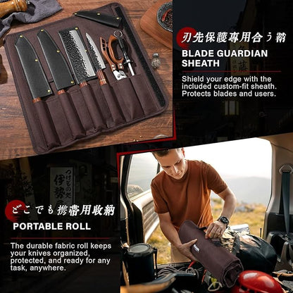 Huusk Japanese Knife Set 6pcs with Covers - Professional Chef Knife Set with Bag & Sharpener, High Carbon Steel Forged Knives Sets with Scissors, Japanese Kitchen Knives Sets, Fathers Day Gift