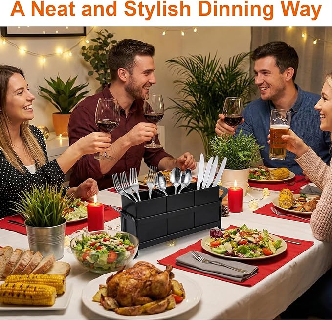 Cutlery Holder, Silverware Caddy Organizer Bin Holder - 3 Compartment Metal Utensil Tray with Drain Holes & Handle for Kitchen Countertop, Dining Table, Parties - Black