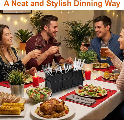 Cutlery Holder, Silverware Caddy Organizer Bin Holder - 3 Compartment Metal Utensil Tray with Drain Holes & Handle for Kitchen Countertop, Dining Table, Parties - Black