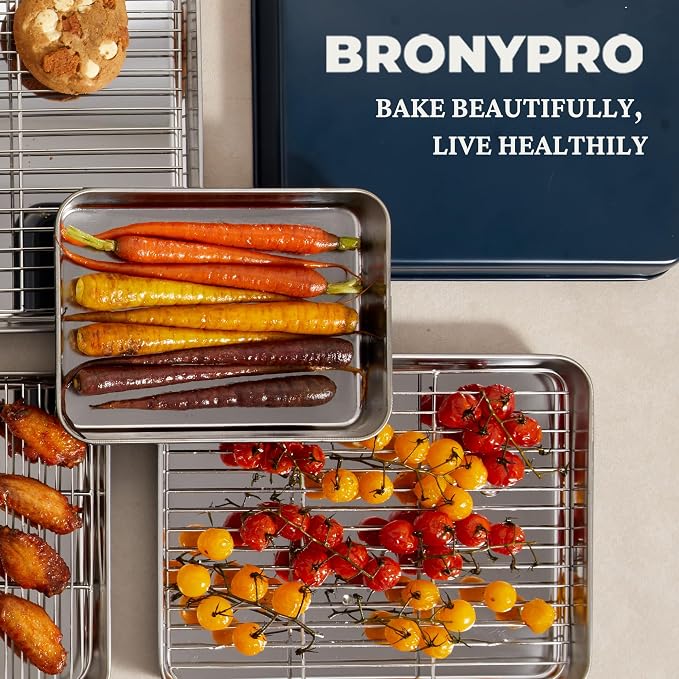 BRONYPRO Stainless Steel Baking Sheet with Wire Rack Pan (3 Pans + 3 Racks), Cookie Sheets 9/12/16 In, Non-Toxic (PFOA & PTFE Free), Solid Warp-Resistant Cooking Trays for Oven & Toaster, Gray