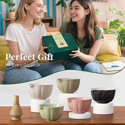 Renmxj Matcha Whisk Set,7 PCS Ceramic Matcha Kit Includes Matcha Bowl with Spout, Matcha Whisk and Holder, Bamboo Scoop, Stainless Sifter, Tea Towel, Unique Gift for Matcha Lovers (Pink)