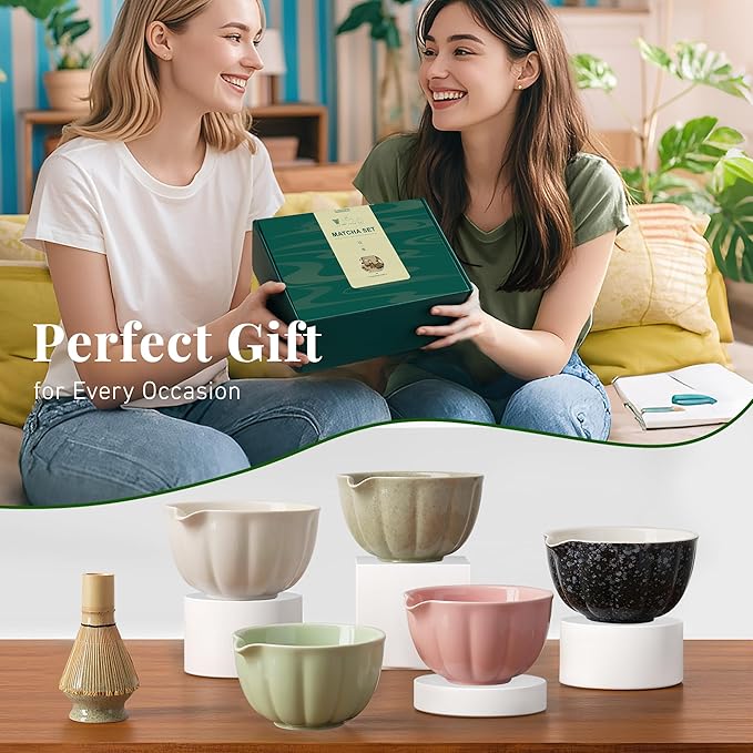 Renmxj Matcha Whisk Set,7 PCS Ceramic Matcha Kit Includes Matcha Bowl with Spout, Matcha Whisk and Holder, Bamboo Scoop, Stainless Sifter, Tea Towel, Unique Gift for Matcha Lovers (White)