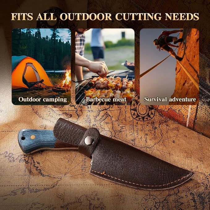 Fixed Blade Hunting Knife with Leather Sheath - Small EDC Fixed Blade Knife for Men, Outdoor Camping Bushcraft Hiking Tactical Pocket Knife