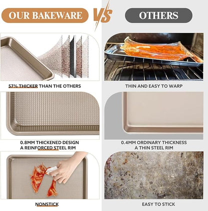 2 Piece Professional Baking Pan Set, Nonstick Bakeware Set, Heavy Duty Thick Cookie Sheets for Baking, 9x13in, 10x15in, Textured, Gold