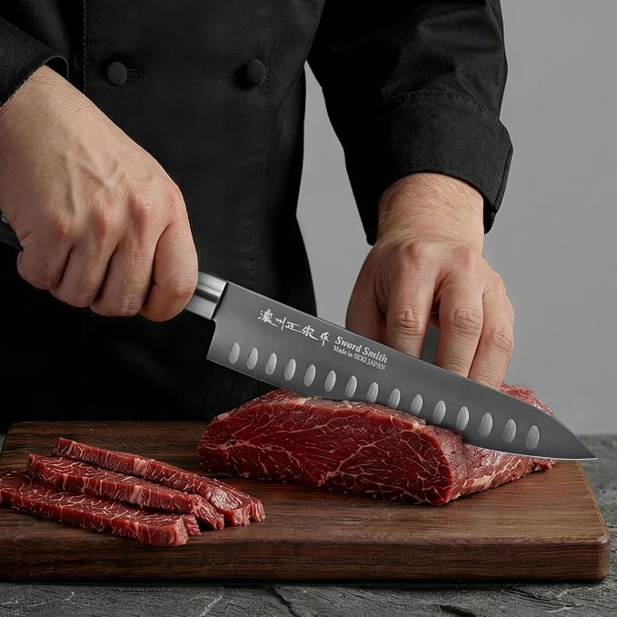 7 Inch Japanese Chef Knife, Made in Japan, High Carbon Molybdenum Stainless Steel Gyuto Knife with Granton Edge Titanium Coated Blade, Kitchen Knife for Slicing Meat