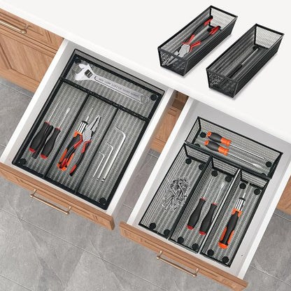 Neudeco Drawer Organizer Set, Black Mesh, 5 Pack | 4-Compartment Silverware Organizer Tray, 4 Utensil Trays, For Flatware, Cutlery, Office Supplies, Non-Slip