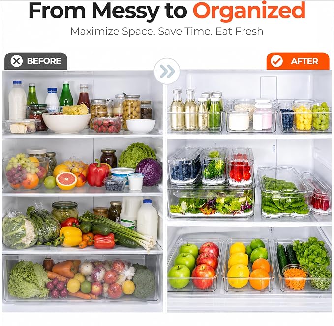 SMRCAD Fridge Organizers and Storage, 8 Pack Clear Freezer Organizer Bins with Lids for Kitchen, Pantry, Refrigerator, Food, Fruit, Vegetable Storage (8 Bins (Include Pull-out Drawer))