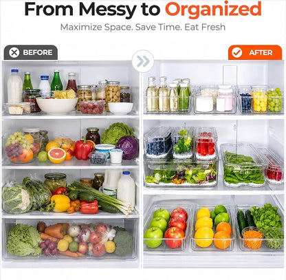 SMRCAD Fridge Organizers and Storage, 8 Pack Clear Freezer Organizer Bins with Lids for Kitchen, Pantry, Refrigerator, Food, Fruit, Vegetable Storage (8 Bins (Include Pull-out Drawer))