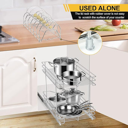 FULGENTE Pull Out Cabinet Pots and Pans Organizer 11" W x 18" D 2 Tier Wire Basket for Lid Cookware Drawer Slide Out Kitchen Cupboard Organization Shelves Shelf for Pantry Roll Out Storage, Chrome
