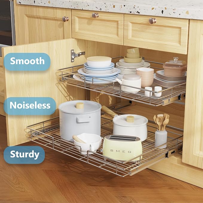 LOVMOR Individual Pull Out Cabinet Organizer, 2 Tier Slide Out Cabinet Drawers, Pots and Pans Organizer and Storage Pantry Shelf for Kitchen (27" W x 21½" D)
