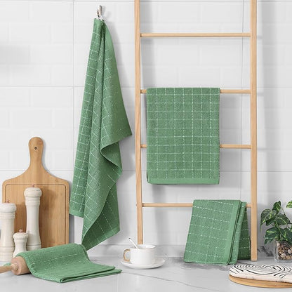 Homaxy 100% Cotton Terry Kitchen Towels(Grass Green, 20 x 28 inches), Checkered Designed, Soft and Super Absorbent Dish Towels, Large 6 Pack