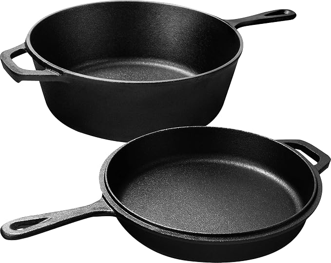 KICHLY Combo Cooker Cast Iron Dutch Oven with Lid 2 in1, Pre-seasoned Multi Cookware Skillet, 3.2QT Cast Iron Pan Dutch Oven Deep Pot with Frying Pan 10.25 Inch, Grill Induction Stovetop Camping